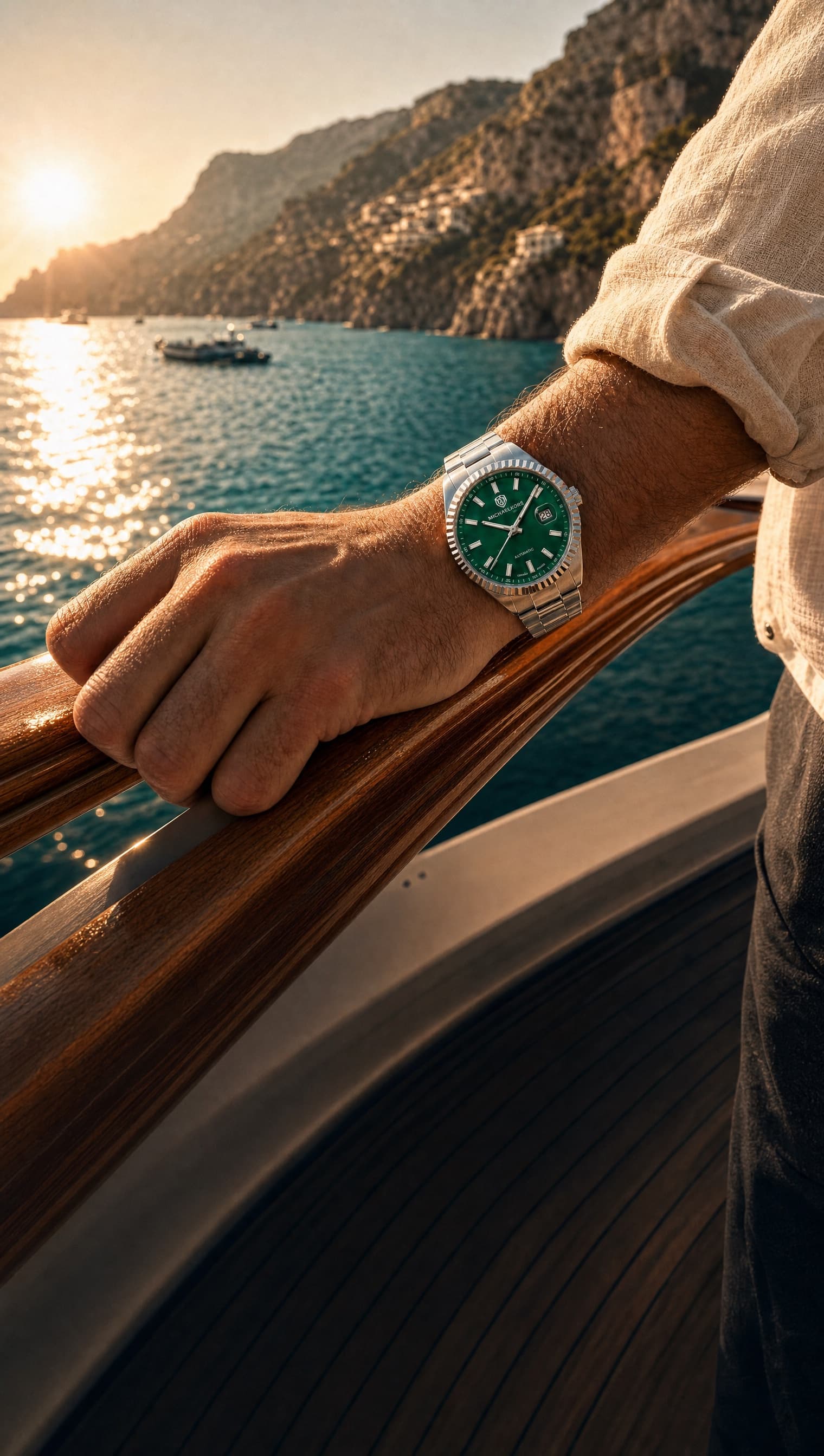 MICHAELSON Classic Fluted — Verde, worn at golden hour on the Mediterranean
